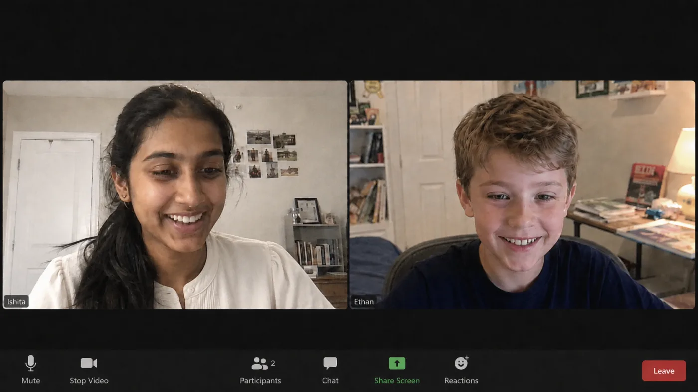 Intutorly tutor Ishita and student Ethan smiling during an online tutoring session