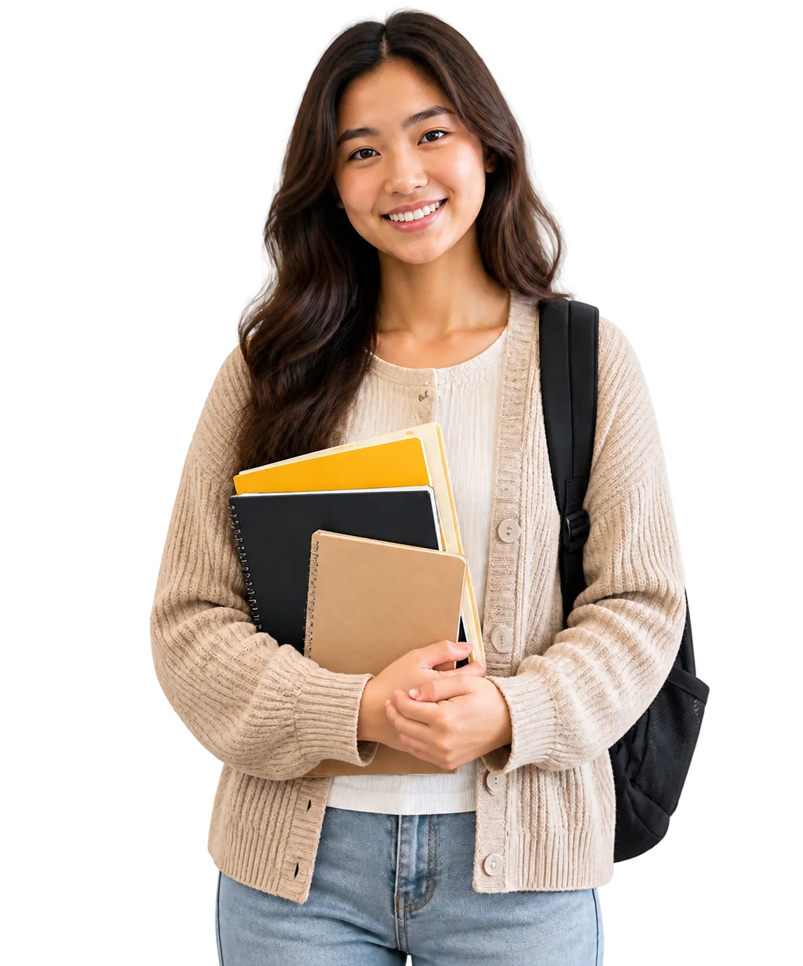 A smiling student holding notebooks and wearing a backpack