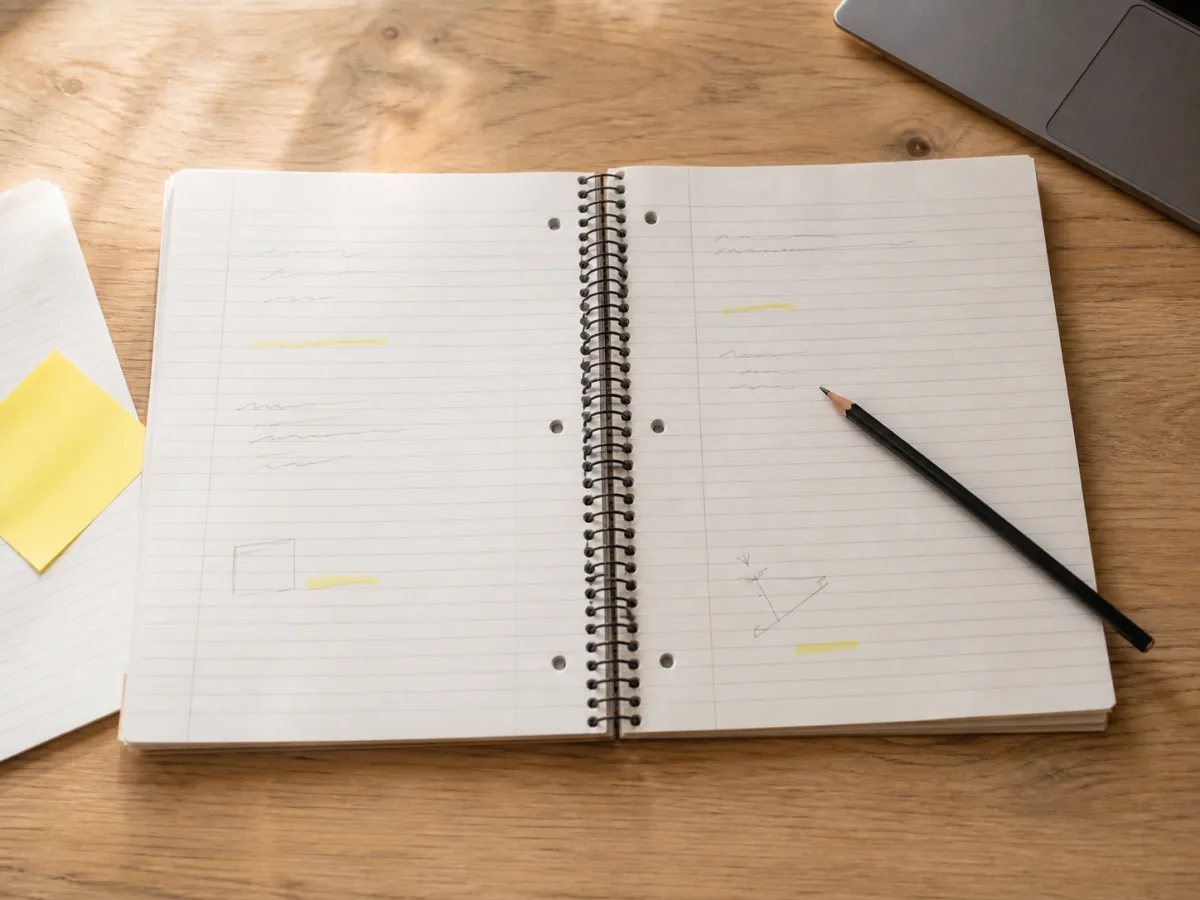 An open study notebook, pencil, and laptop prepared for an online tutoring session