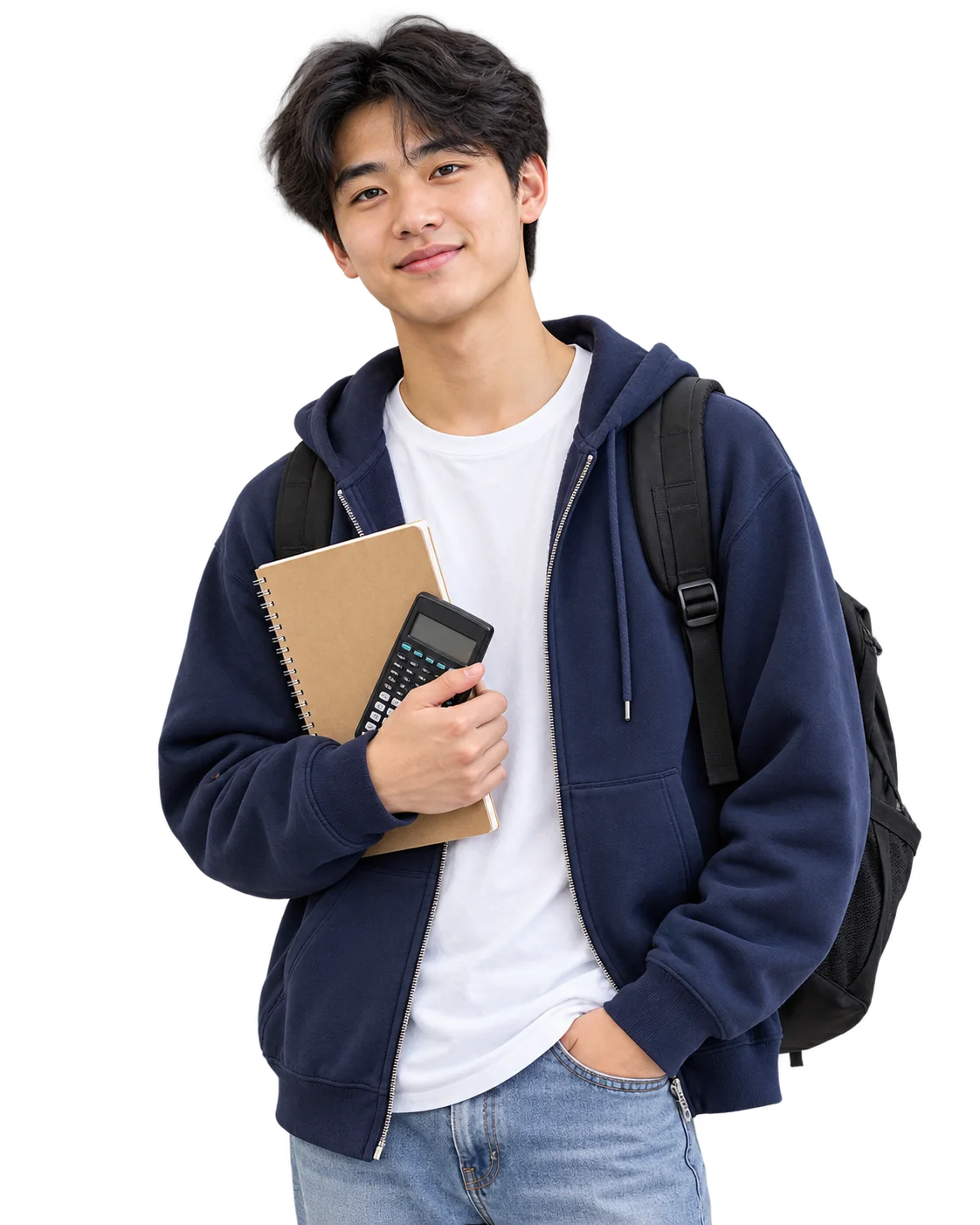 A smiling student holding a notebook and calculator