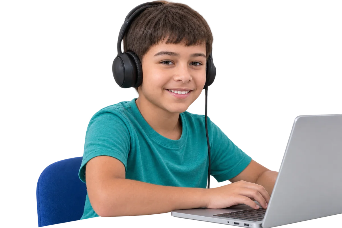 A smiling student wearing headphones