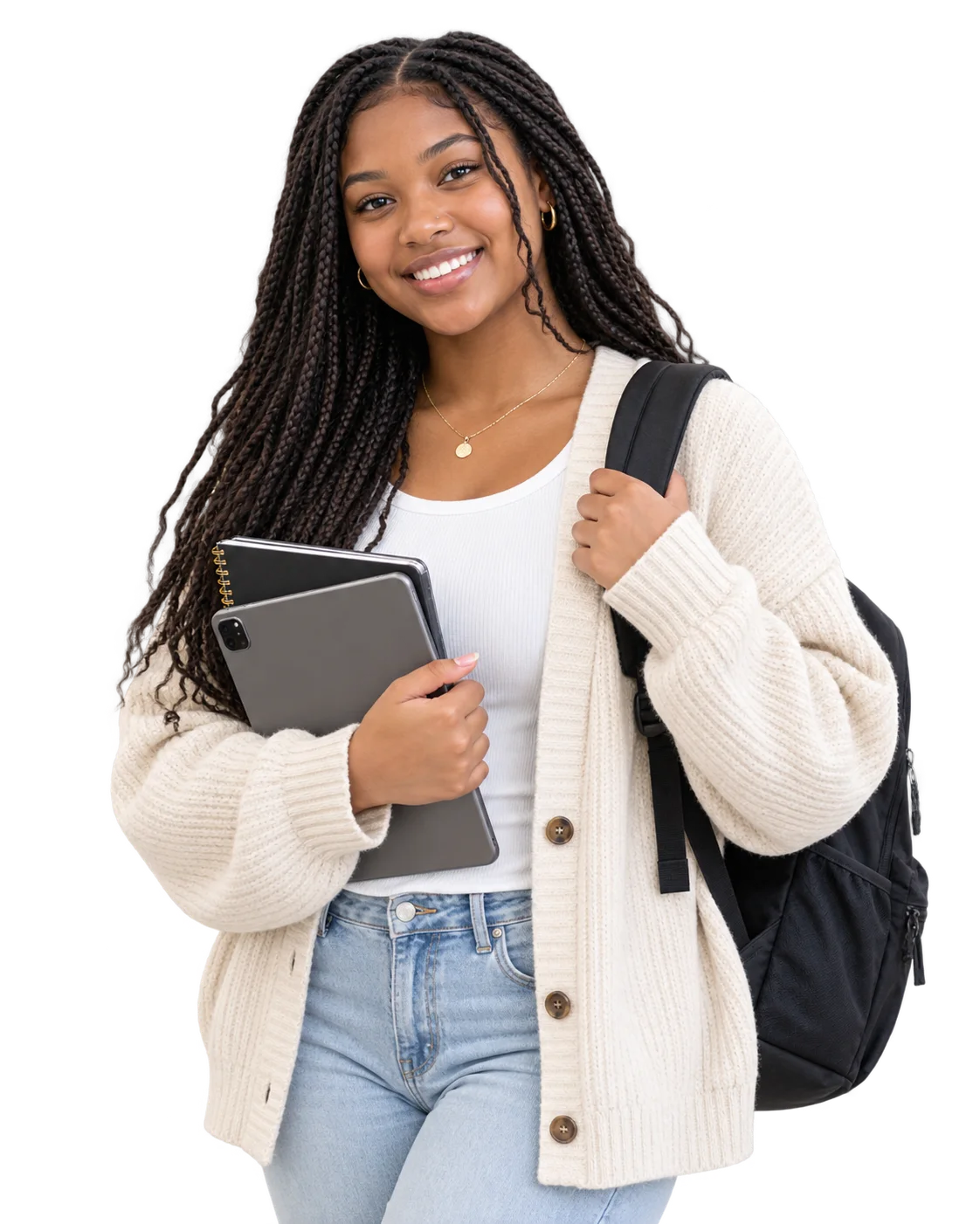 A smiling student holding a tablet and notebook