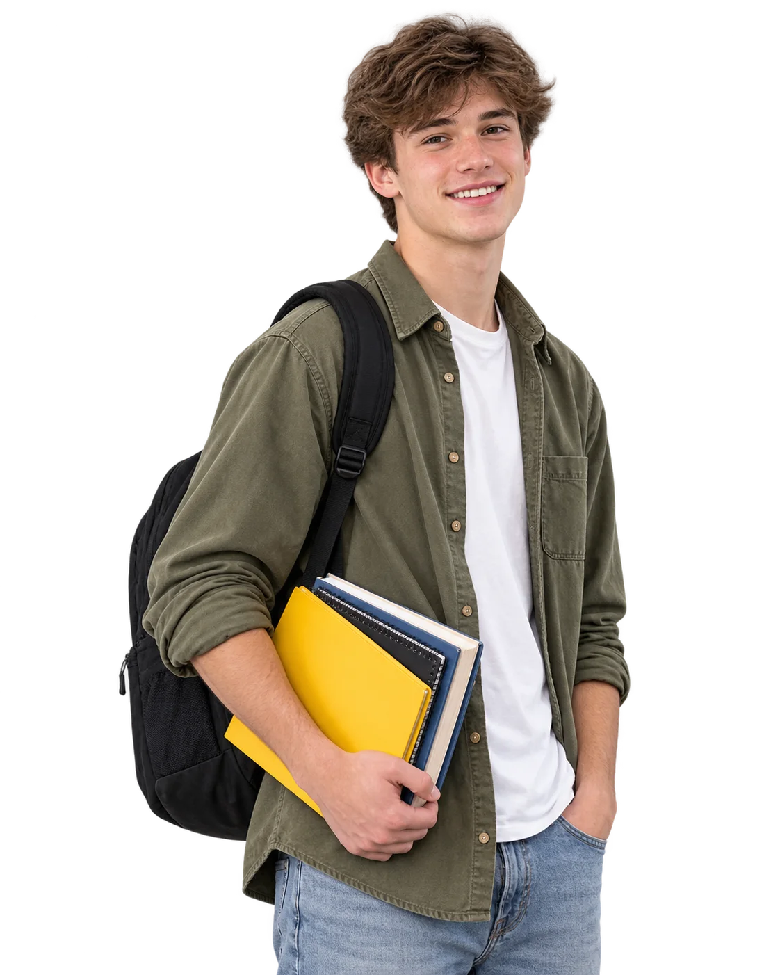A smiling student carrying books and a yellow notebook